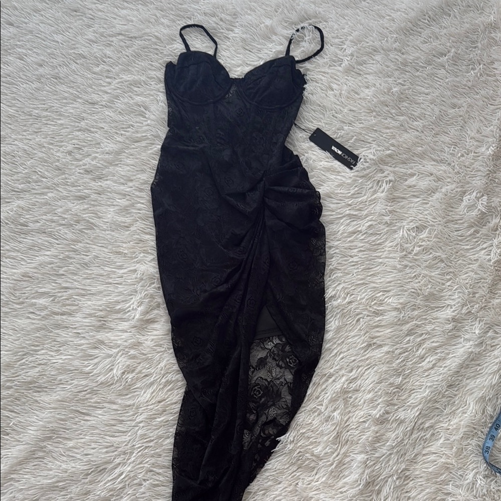 Fashion Nova Black Asymmetrical Wrap Gown